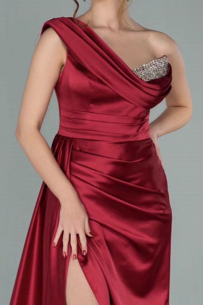 Burgundy Long Mermaid One Shoulder Satin Beads Evening Prom Dresses with Slit