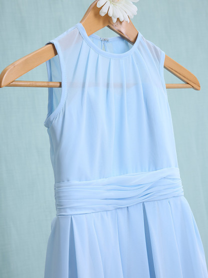 Sky Blue Long A-line Jewel Neck Knee Length Chiffon Junior Bridesmaid Dress