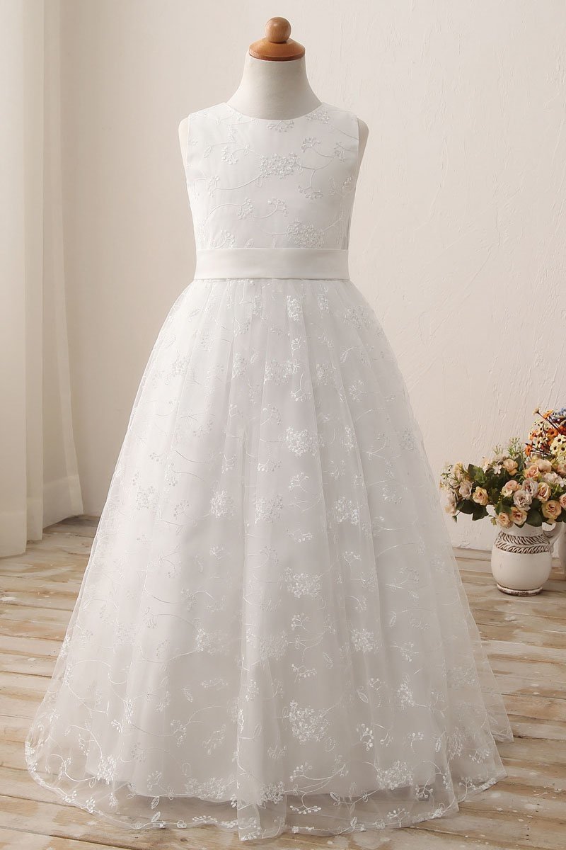 White Scoop Neck Short Sleeveless Ball Gown Flower Girls Dress