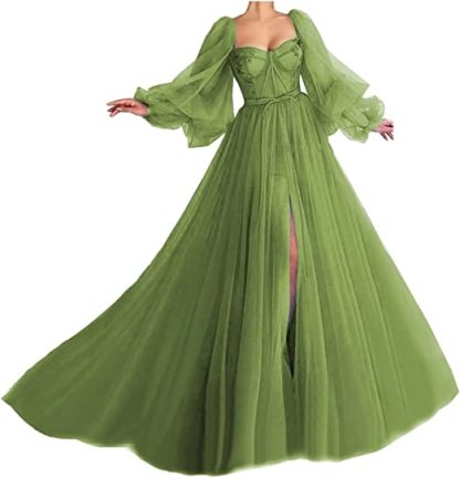 Awesome Long Sleeves A-line Sweetheart Tulle Prom Dress with Slit