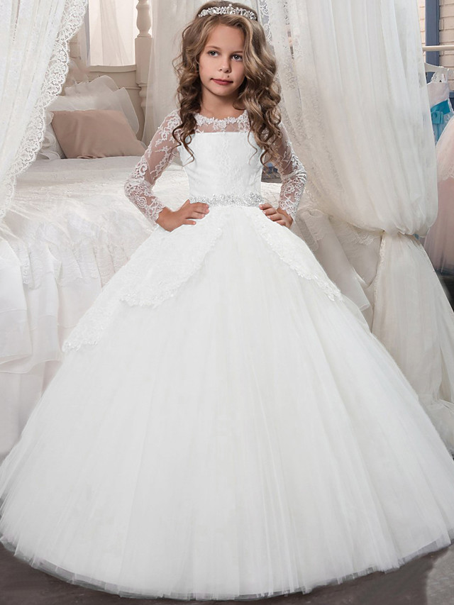 Long A-line Jewel Neck Tulle Lace First Communion Flower Girl Dresses with Sleeves