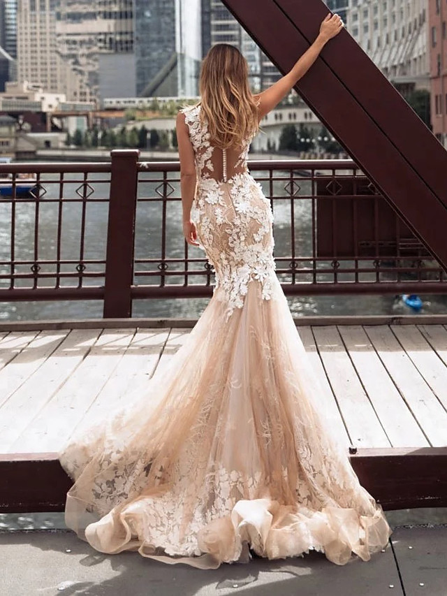 Long Mermaid Jewel Neck Chapel Train Lace Tulle Illusion Detail Backless Wedding Dresses