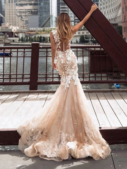 Long Mermaid Jewel Neck Chapel Train Lace Tulle Illusion Detail Backless Wedding Dresses