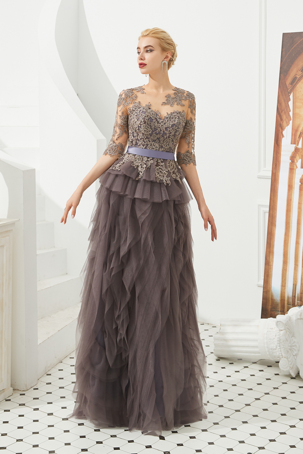 Fabulous Long A-line Jewel Tulle Lace Tulle Prom Dress with Sleeves