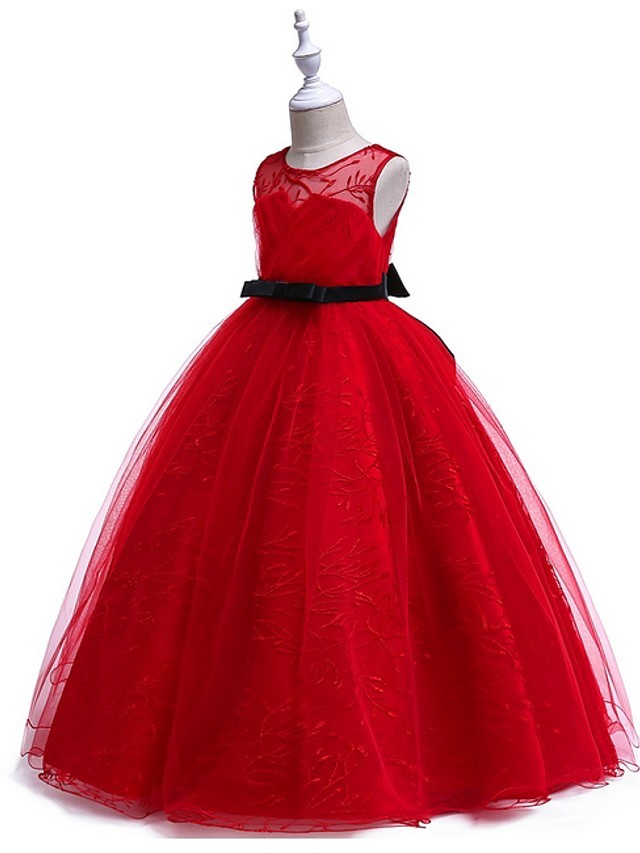 Princess Round Floor Length Cotton Junior Bridesmaid Dress With Bow(S) / Embroidery