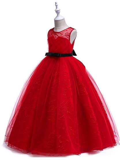 Princess Round Floor Length Cotton Junior Bridesmaid Dress With Bow(S) / Embroidery
