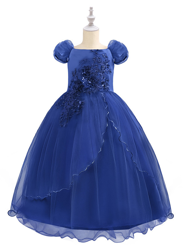 Princess Maxi Birthday / Pageant Flower Girl Dresses - Chiffon / Tulle Short Sleeve Boat Neck With Beading / Appliques / Paillette