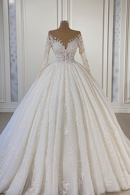 Gorgeous Lace Long Beads Ball Gown Tulle Wedding Dress