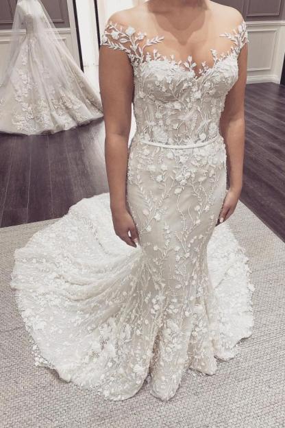 Elegant Long Off the Shoulder Appliques Lace Backless Floor-length Mermaid Wedding Dresses
