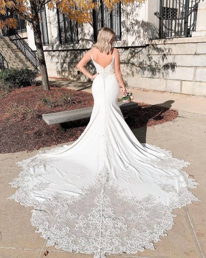 Plus Size Long V-neck Spaghetti Straps Appliques Lace Backless Mermaid Wedding Dress