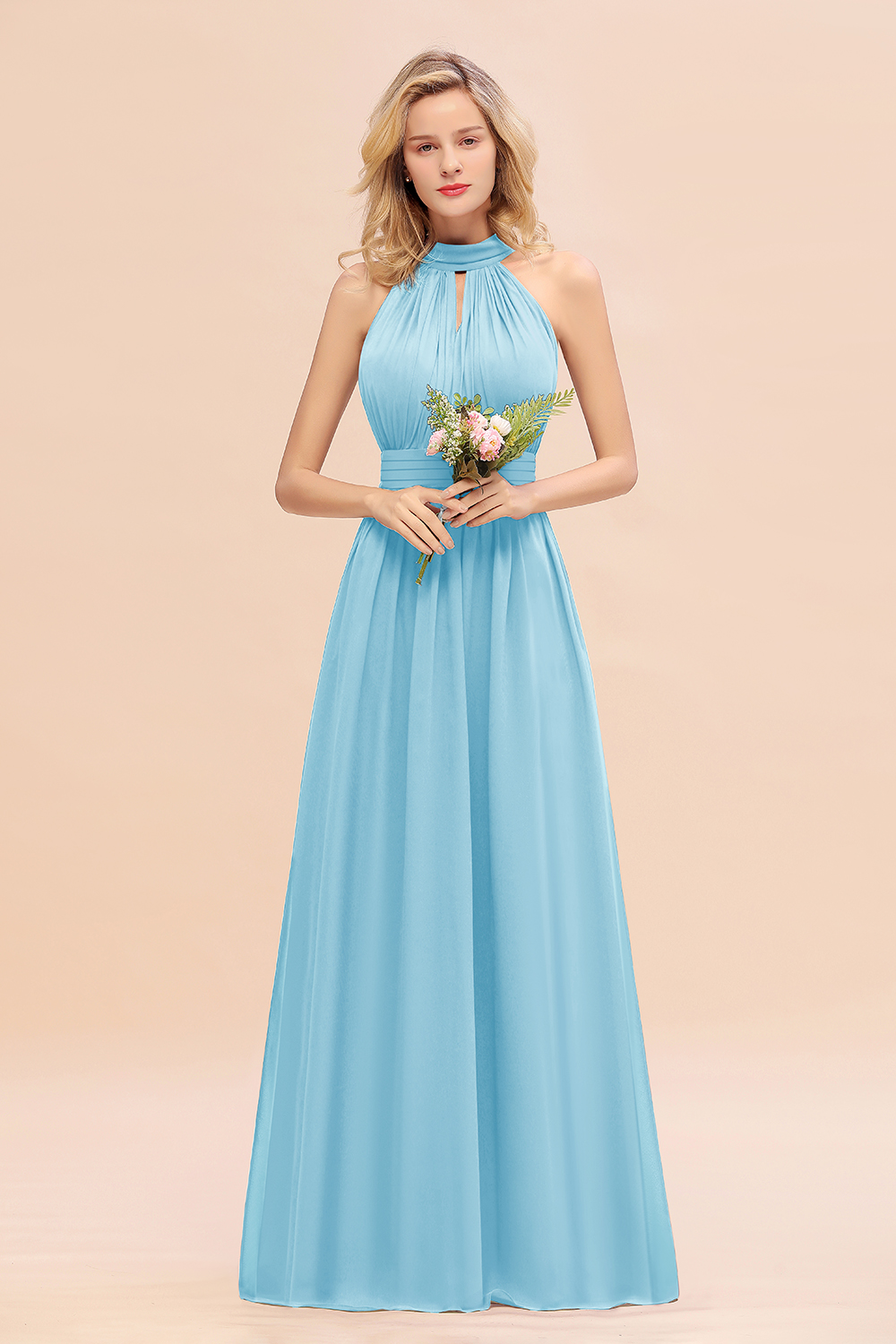 BM0758 Glamorous High-Neck Halter Bridesmaid Affordable Dresses with Ruffle
