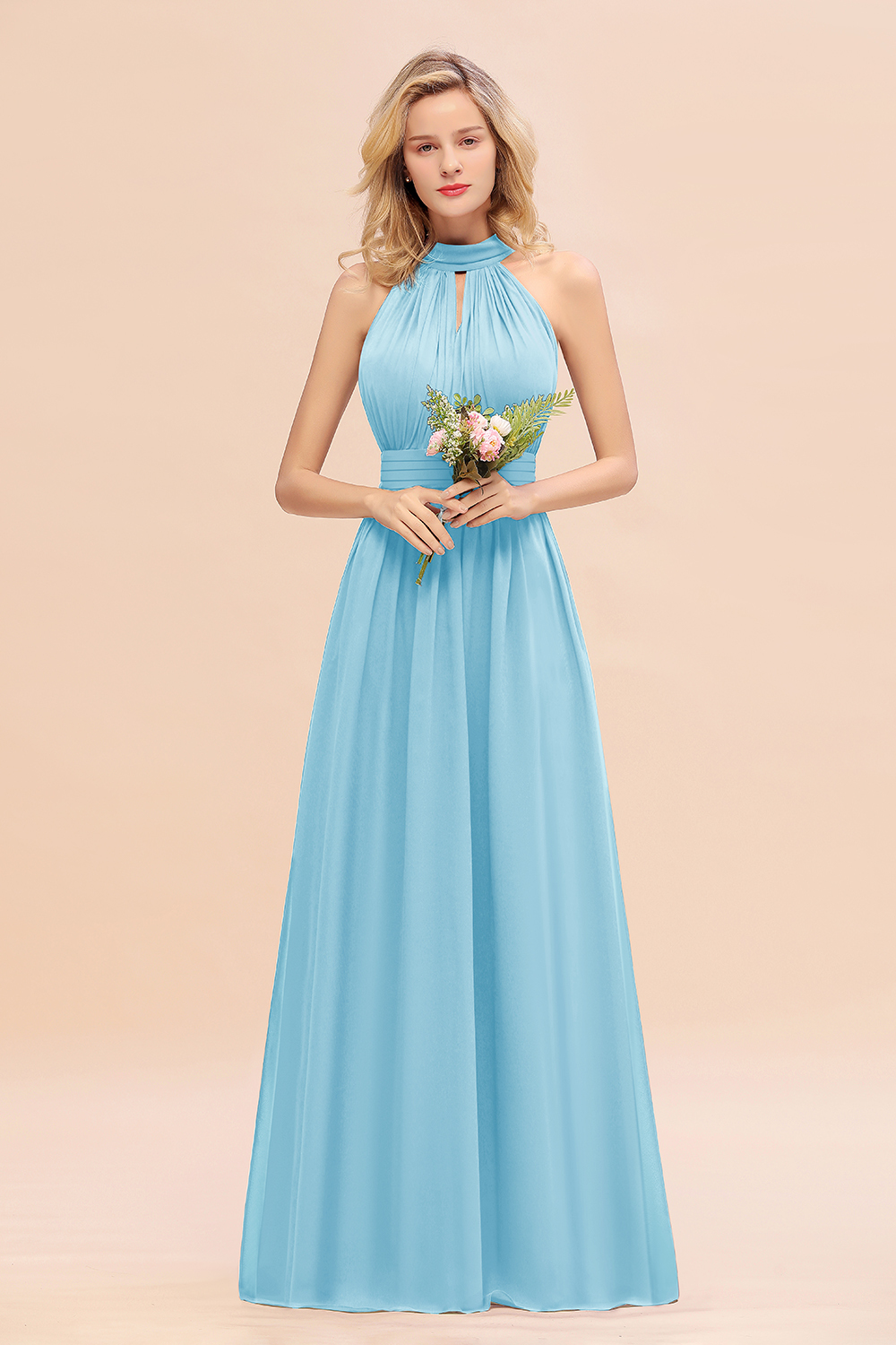 BM0758 Glamorous High-Neck Halter Bridesmaid Affordable Dresses with Ruffle