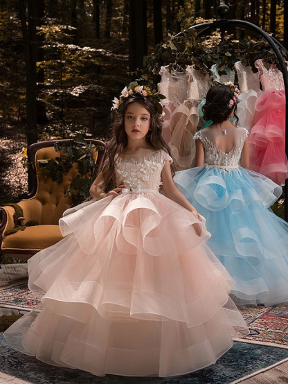 Ball Gown Tulle Short Sleeve Lace Pageant Flower Girl Dresses