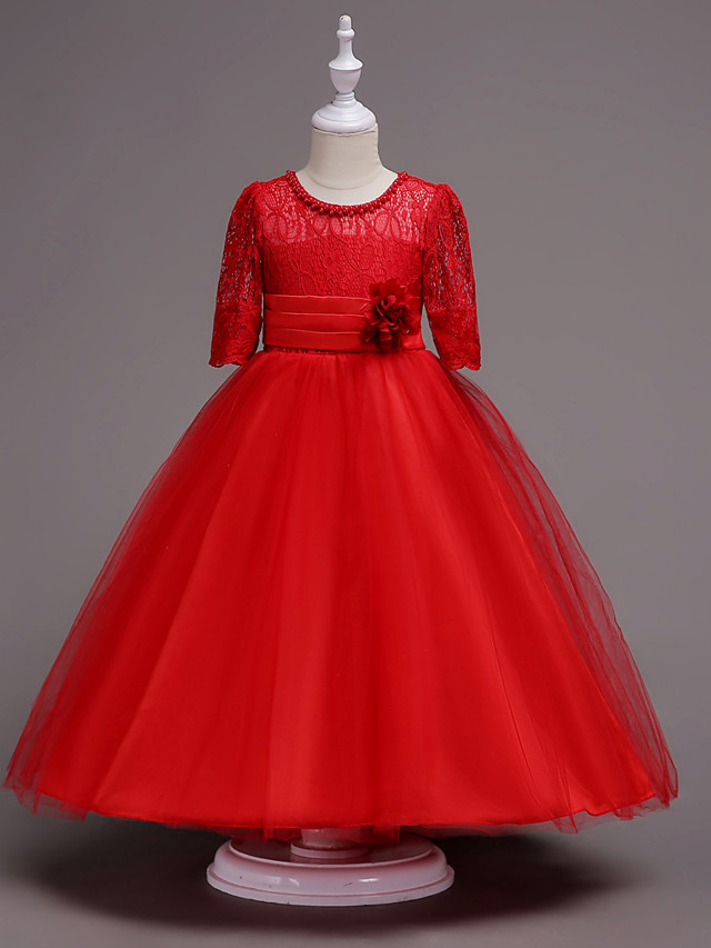 Princess Tea Length Wedding / First Communion Flower Girl Dresses - Lace / Satin / Tulle Half Sleeve Jewel Neck With Lace / Belt / Beading