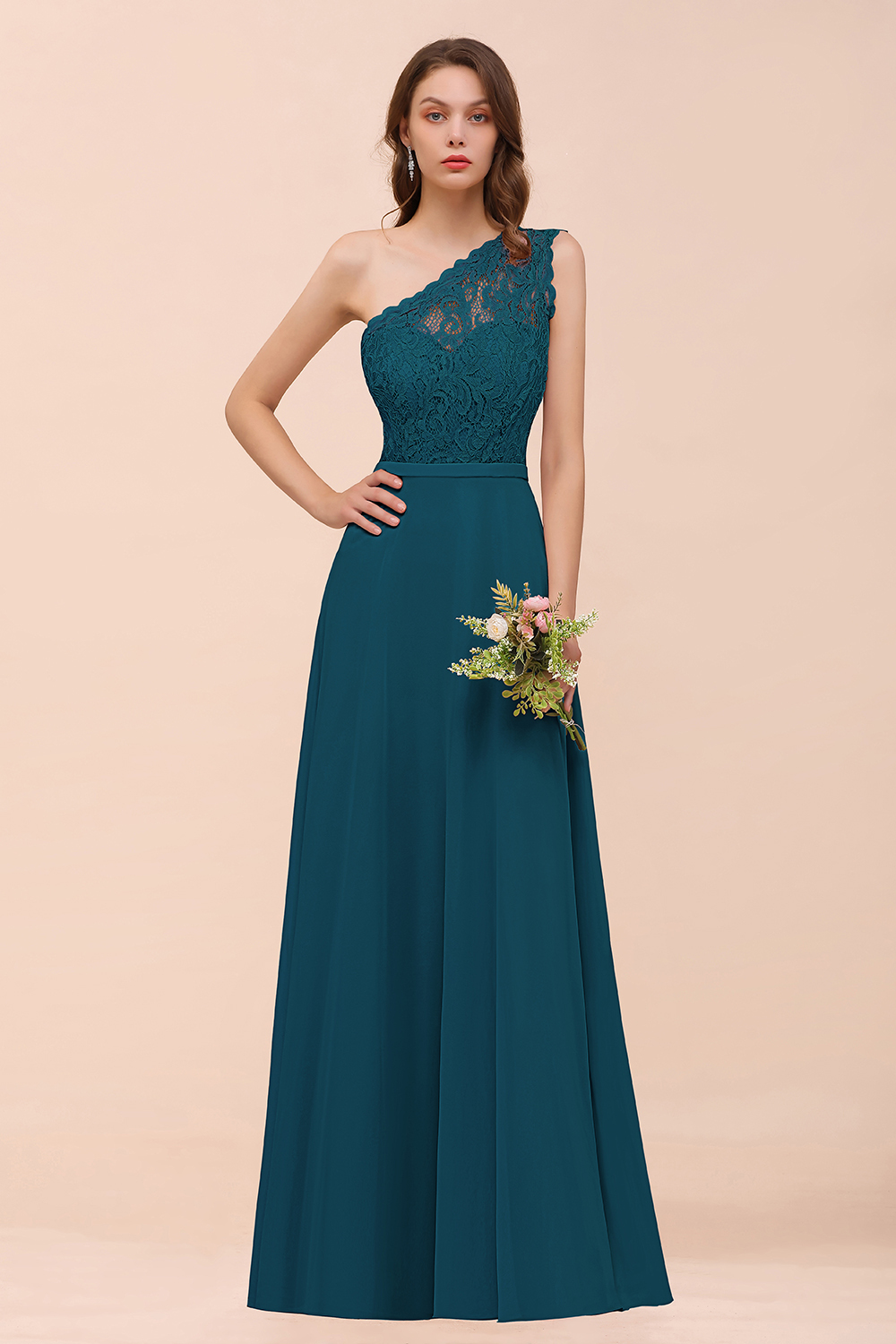 Classy One Shoulder Appliques Lace Floor-length A-Line Chiffon Bridesmaid Dress