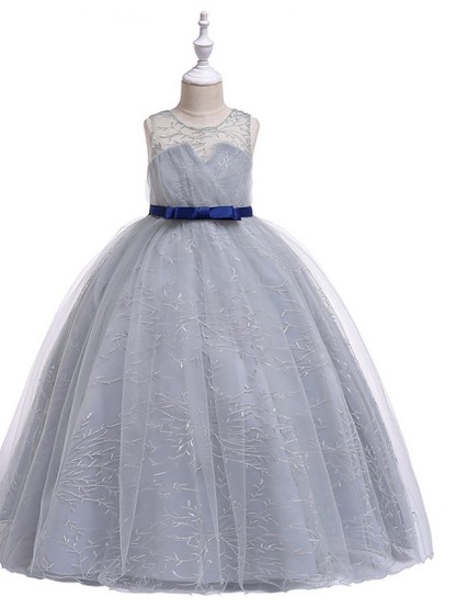 Princess Round Floor Length Cotton Junior Bridesmaid Dress With Bow(S) / Embroidery