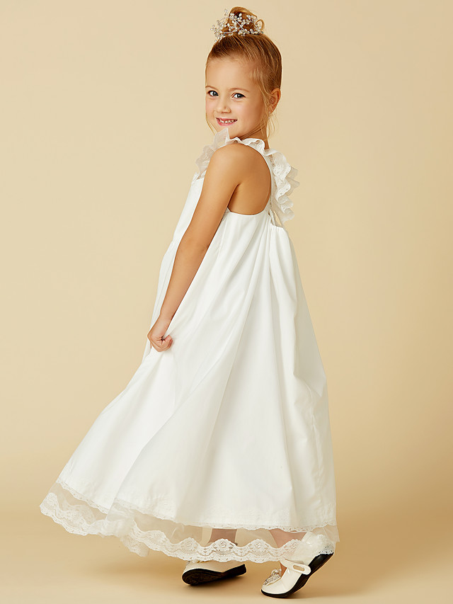 A-Line Ankle Length Wedding / First Communion Flower Girl Dresses - Lace / Cotton Sleeveless Straps With Pleats