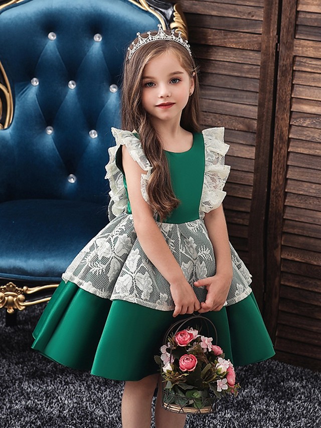 Princess / Ball Gown Knee Length Wedding / Party Flower Girl Dresses - Satin / Tulle Cap Sleeve Jewel Neck With Bow(S) / Color Block