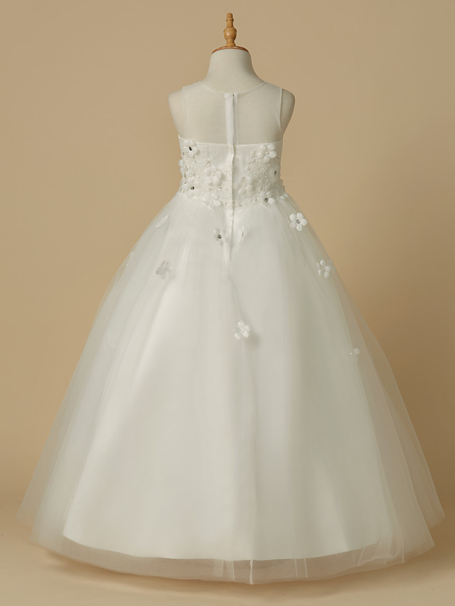 A-Line Floor Length Wedding / First Communion Flower Girl Dresses - Satin / Tulle Sleeveless Jewel Neck With Beading / Flower