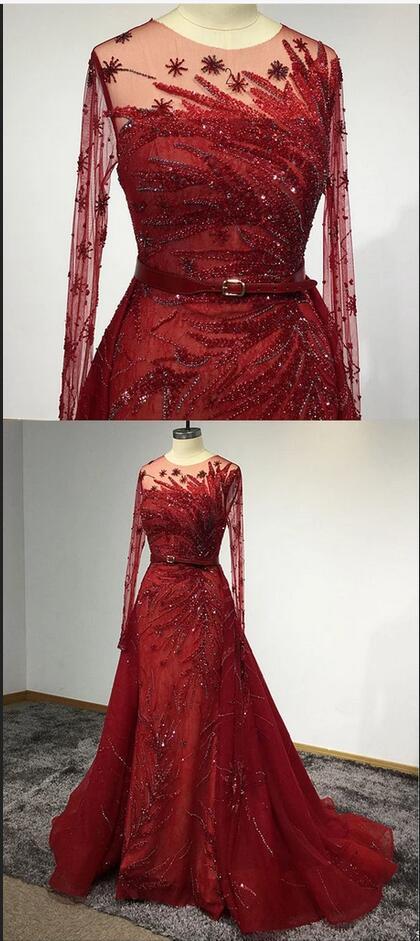 Gorgeous Bateau Long Sleeve Crystal Floor-length Ruffles Tulle A-Line Prom Dress