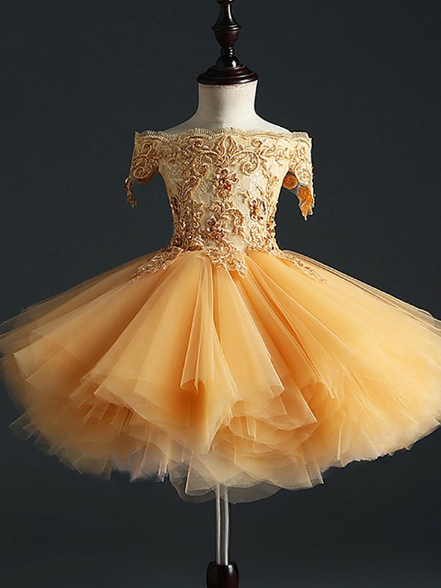 Princess Short Length Pageant Flower Girl Dresses - Polyester Short Sleeve Off Shoulder With Appliques