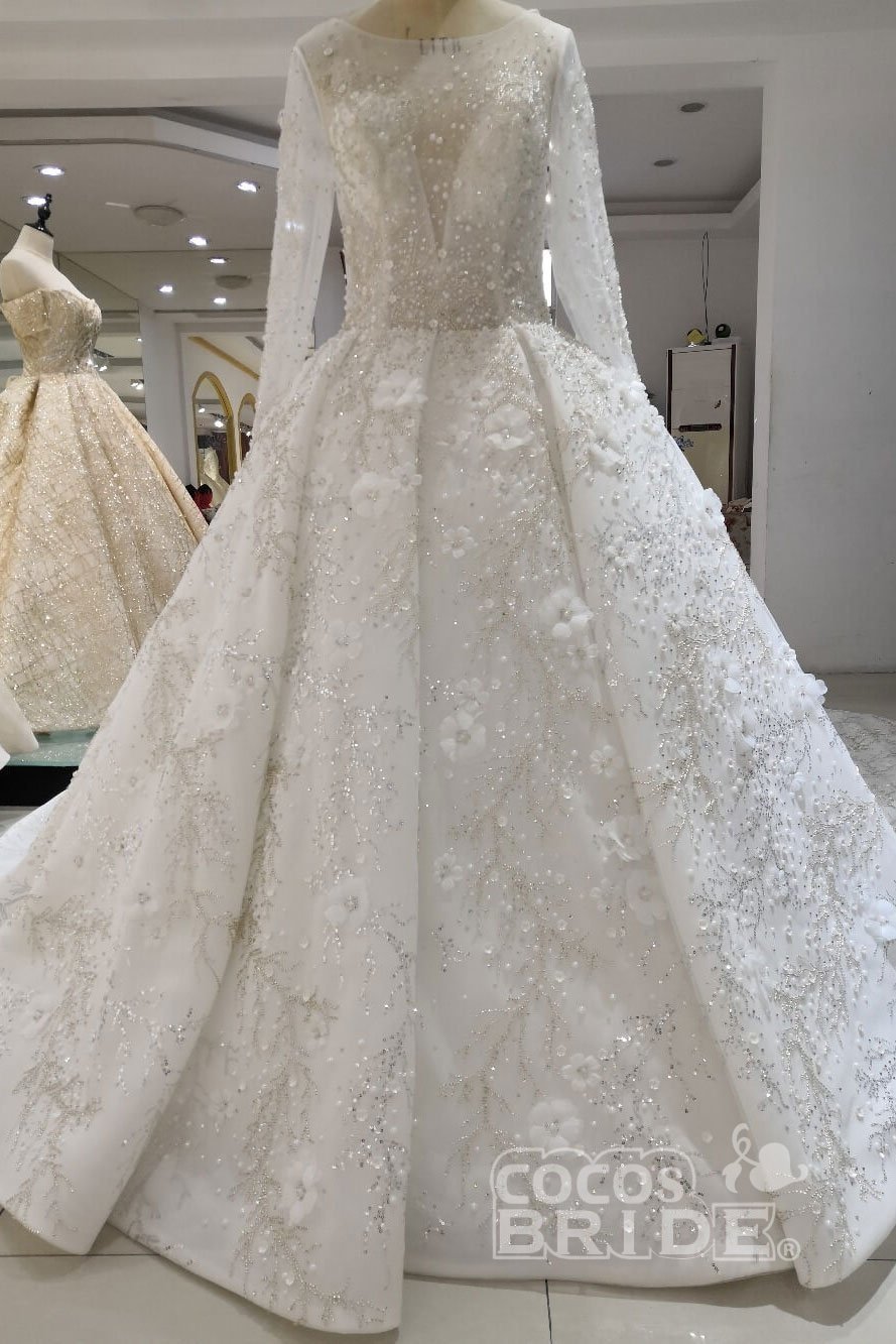 Luxury Tulle Beaded Long Sleeves Lace Ball Gown Wedding Dress