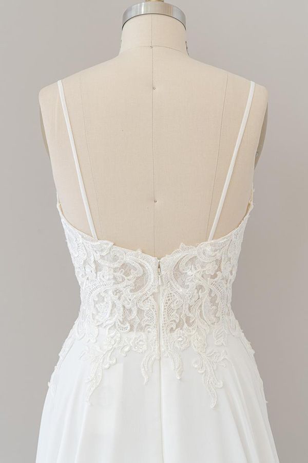 Long A-line Spaghetti Strap Appliques Chiffon Backless Wedding Dress