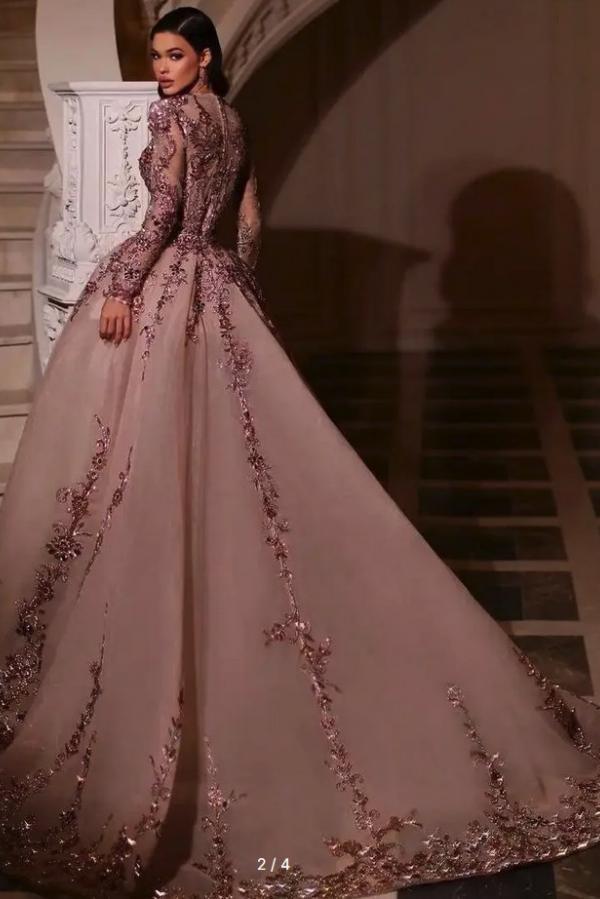 Long Sleeve Mermaid Tulle Beads Appliques Lace Prom Dress with Detachable Train
