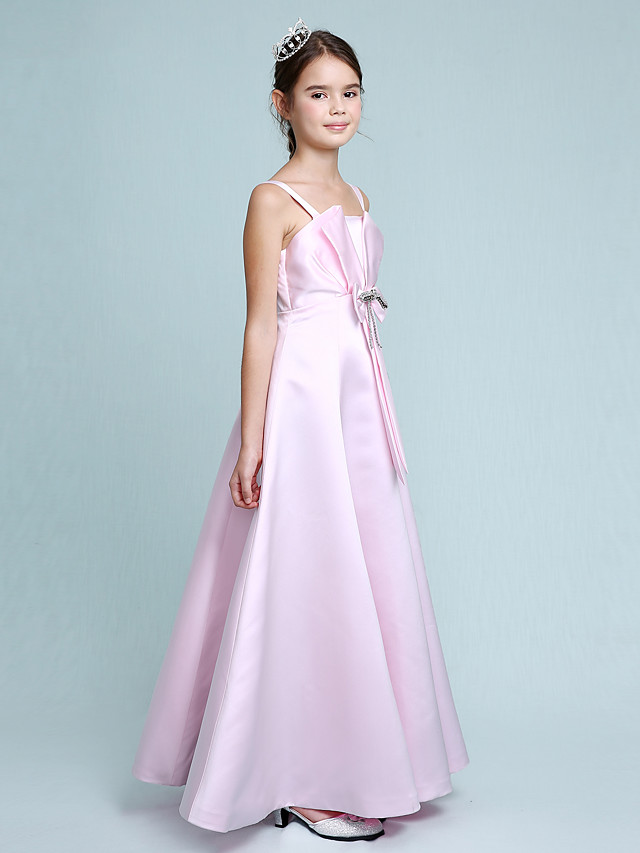 Princess / A-Line Spaghetti Strap Floor Length Stretch Satin Junior Bridesmaid Dress With Bow(S) / Beading / Empire / Spring / Summer / Fall / Winter