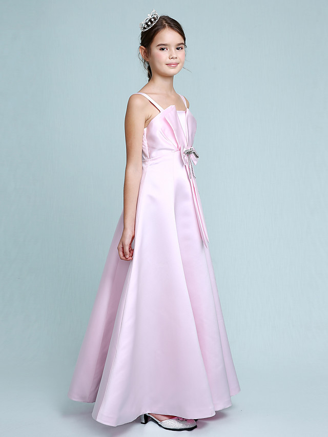 Princess / A-Line Spaghetti Strap Floor Length Stretch Satin Junior Bridesmaid Dress With Bow(S) / Beading / Empire / Spring / Summer / Fall / Winter