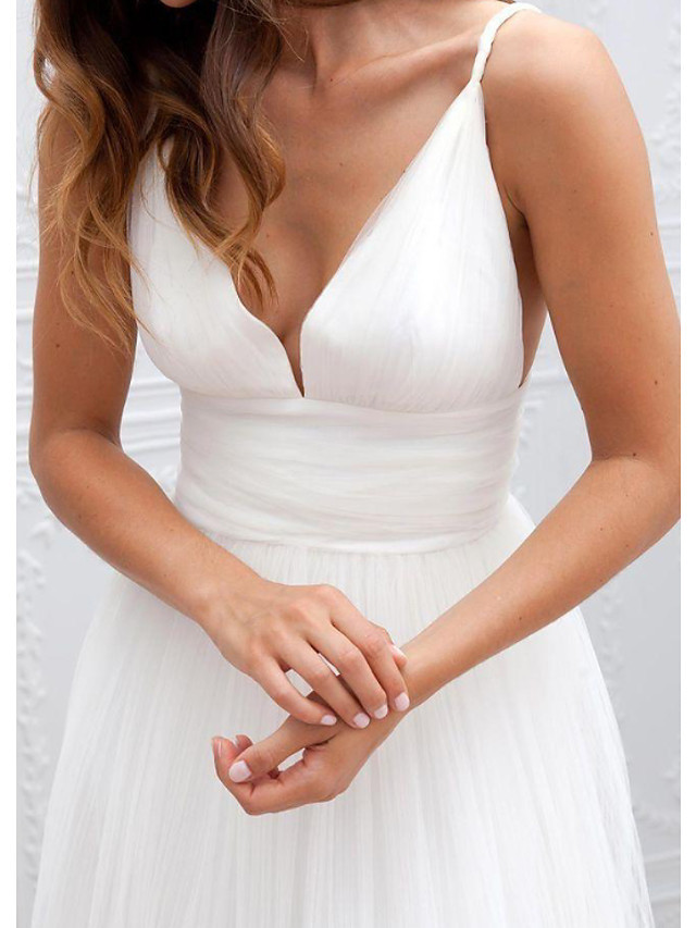 White Long A-Line Spaghetti Strap V-neck Tulle Open Back Wedding Dresses