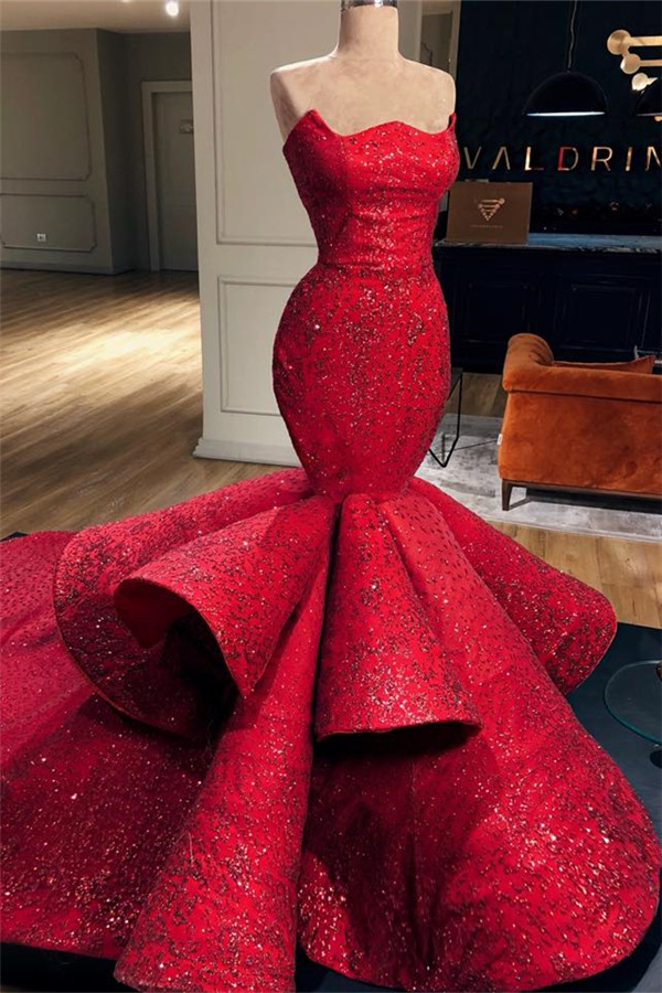 Burgundy Long Strapless Appliques Mermaid Prom Dress