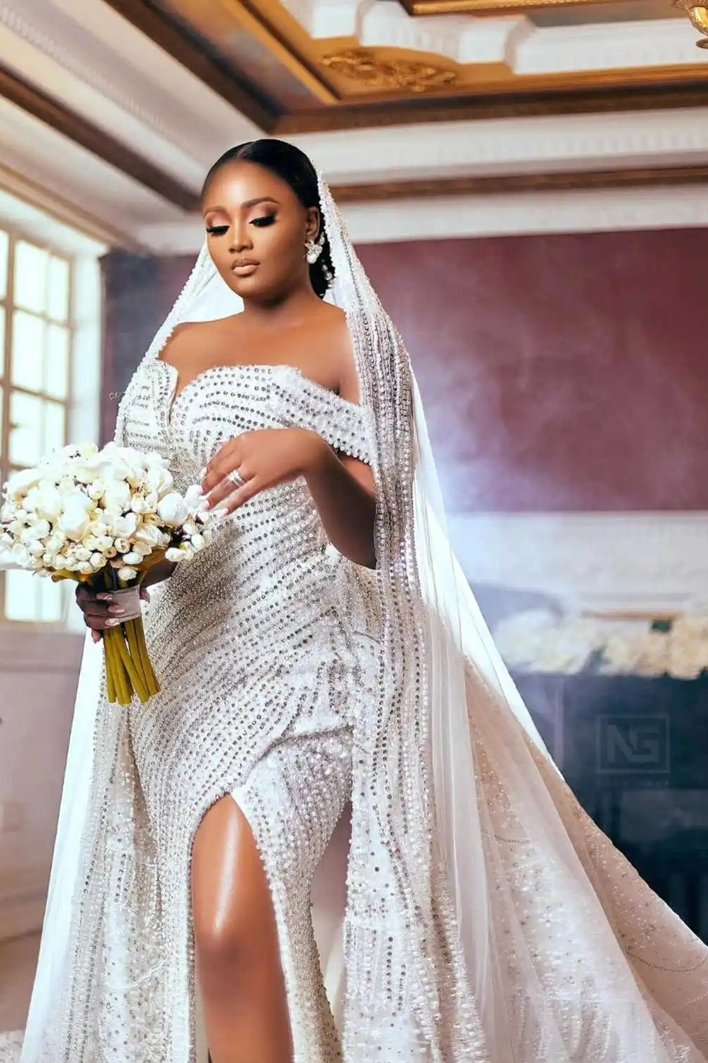 Cocosbride Split Front Off The Shoulder Beaded Satin Mermaid Wedding Dress ?C Close-up Beads and Lace Detail