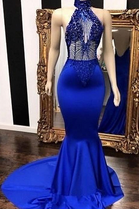 chinese dress ladies Royal Blue Prom Dress 2024 Halter Neck Lace Appliques Mermaid 6 / Green