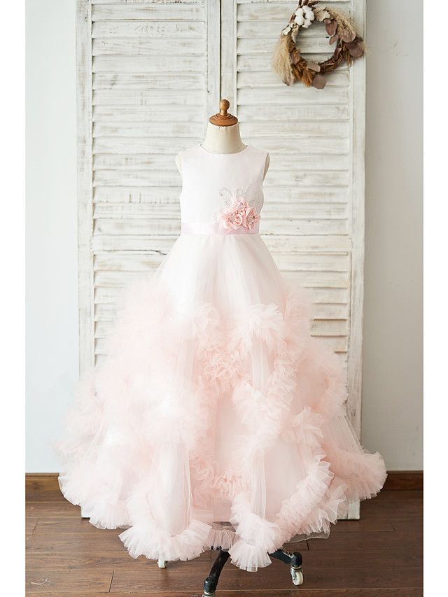 Princess / Ball Gown Floor Length Wedding / Birthday Flower Girl Dresses - Tulle Sleeveless Jewel Neck With Sash / Ribbon / Bow(S) / Flower