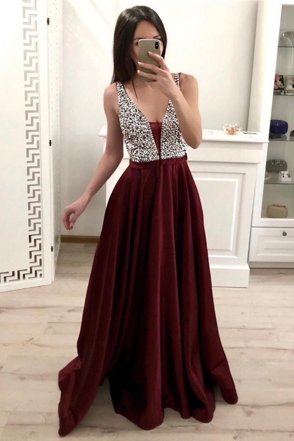 Elegant Long A-line V-neck Satin Backless Prom Dress with Beading