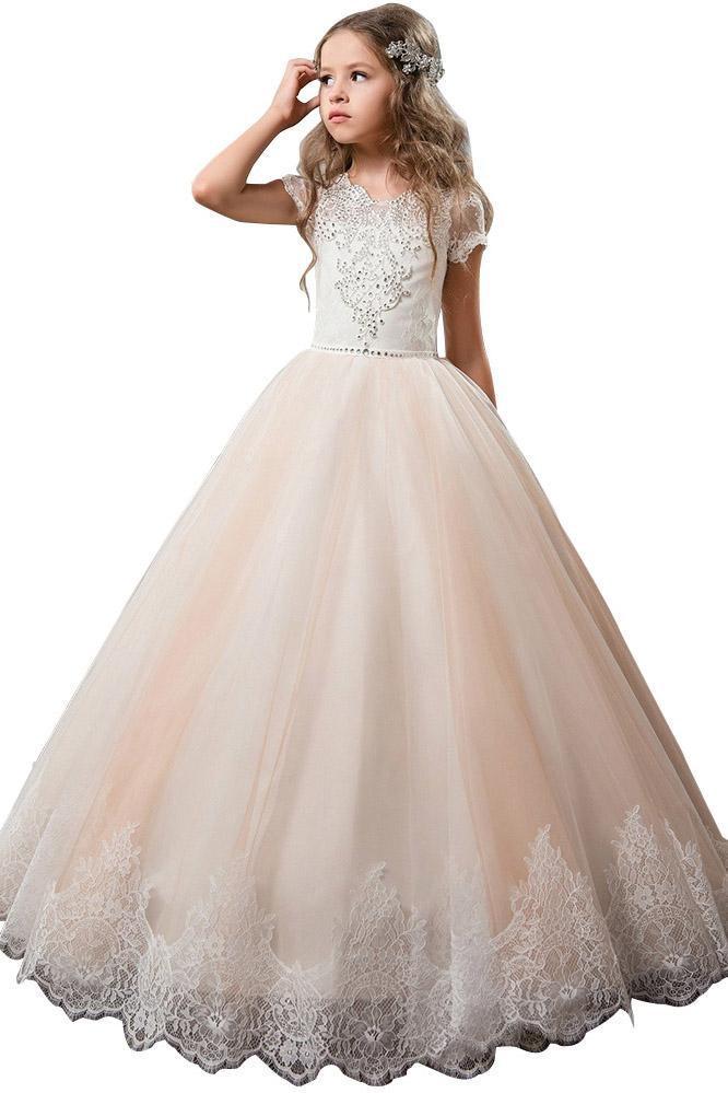 Light Pink Scoop Neck Short Sleeve Ball Gown Flower Girls Dress