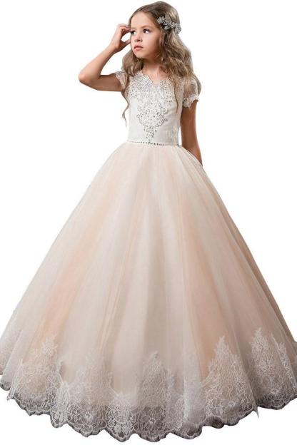 Light Pink Scoop Neck Short Sleeve Ball Gown Flower Girls Dress
