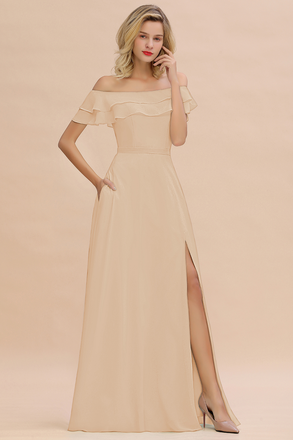 Off-the-Shoulder Front Slit Mint Green Long Bridesmaid Dress