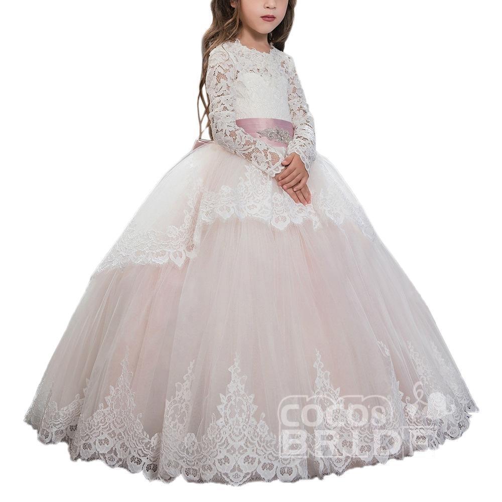 Purple Scoop Neck Long Sleeves Ball Gown Flower Girls Dress