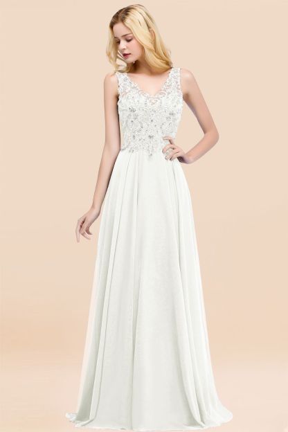 BM0324 Dusty Rose Lace V-Neck Long Bridesmaid Dresses With Appliques