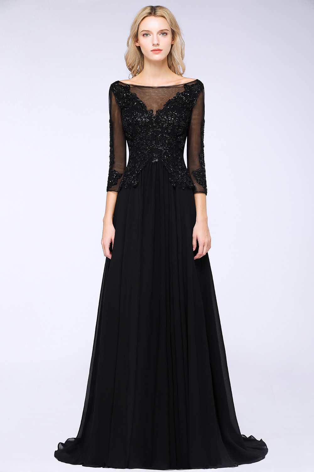 BM0764 Black 3/4 Sleeves Beads A-Line Appliques Bridesmaid Dress
