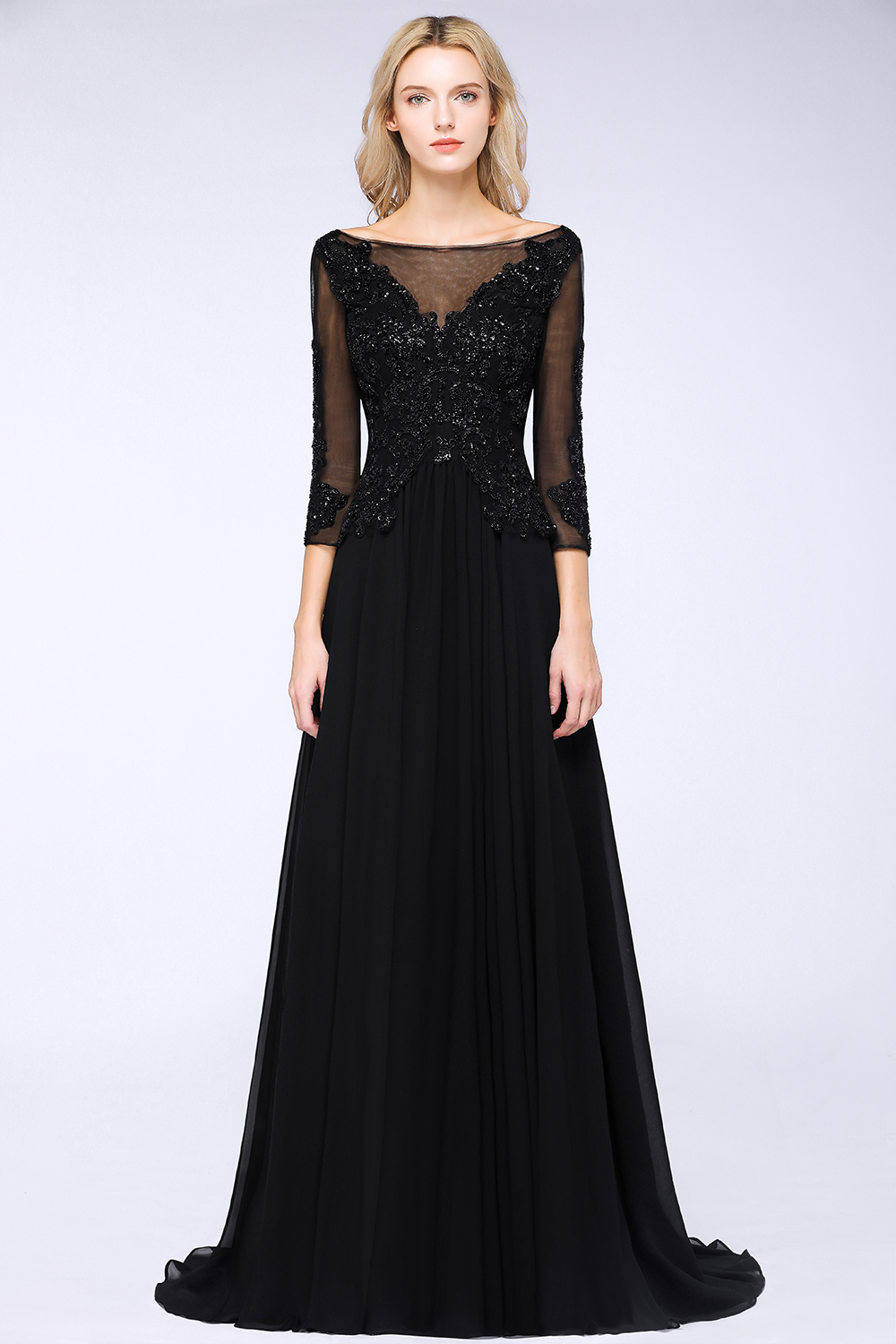 BM0764 Black 3/4 Sleeves Beads A-Line Appliques Bridesmaid Dress
