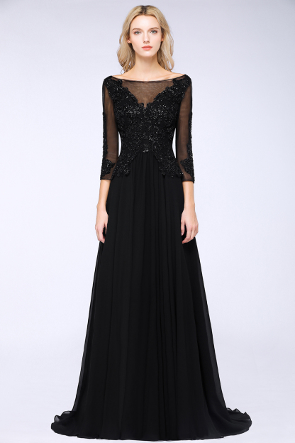 BM0764 Black 3/4 Sleeves Beads A-Line Appliques Bridesmaid Dress