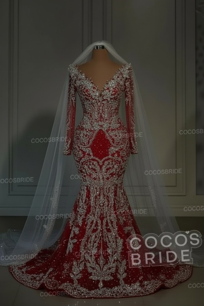 Luxury Long Mermaid Sweetheart Sequined Wedding Dresses with Sleeves