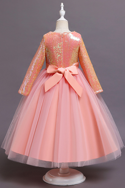 FS9969 Long Sleeve Sequins Tea Length Flower Girl Dress