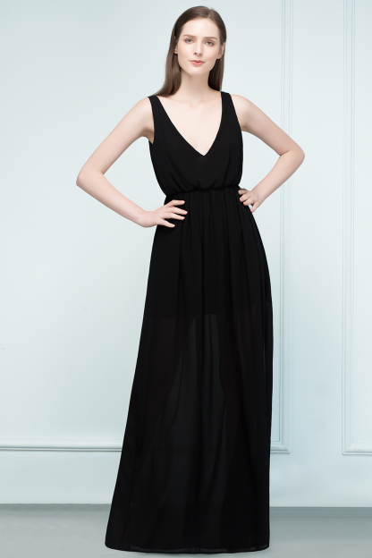 Black Long V-neck Chiffon A-line Evening Dress