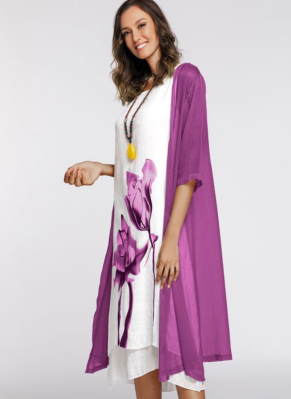 Floral Wrap Round Neckline Midi X-line Dress