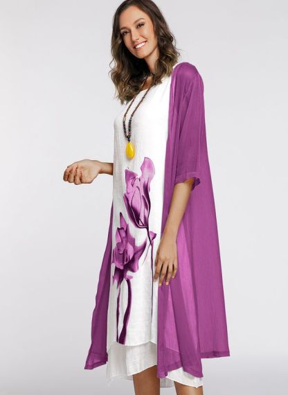 Floral Wrap Round Neckline Midi X-line Dress