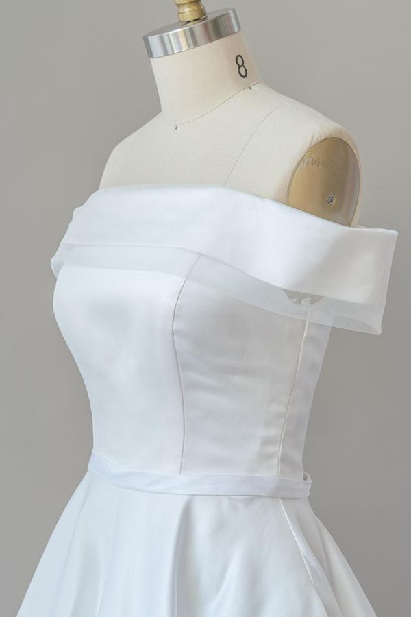 Elegant Long Off the Shoulder Satin A-line White Wedding Dress